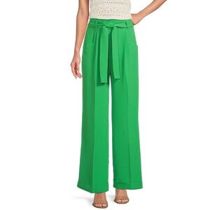 Tara Jarmon Vert Woven Crepe Pyla Tie Waist Pleated Front Cuffed Wide Leg Pant
